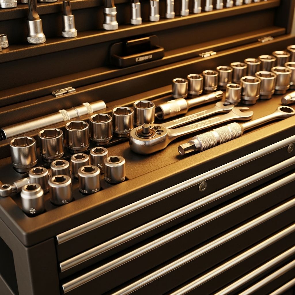 Organised mechanic's tool set at the Skipdon Motors workshop
